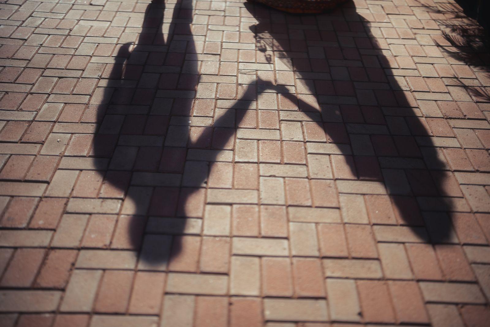 Two shadows on the brick, hand in hand