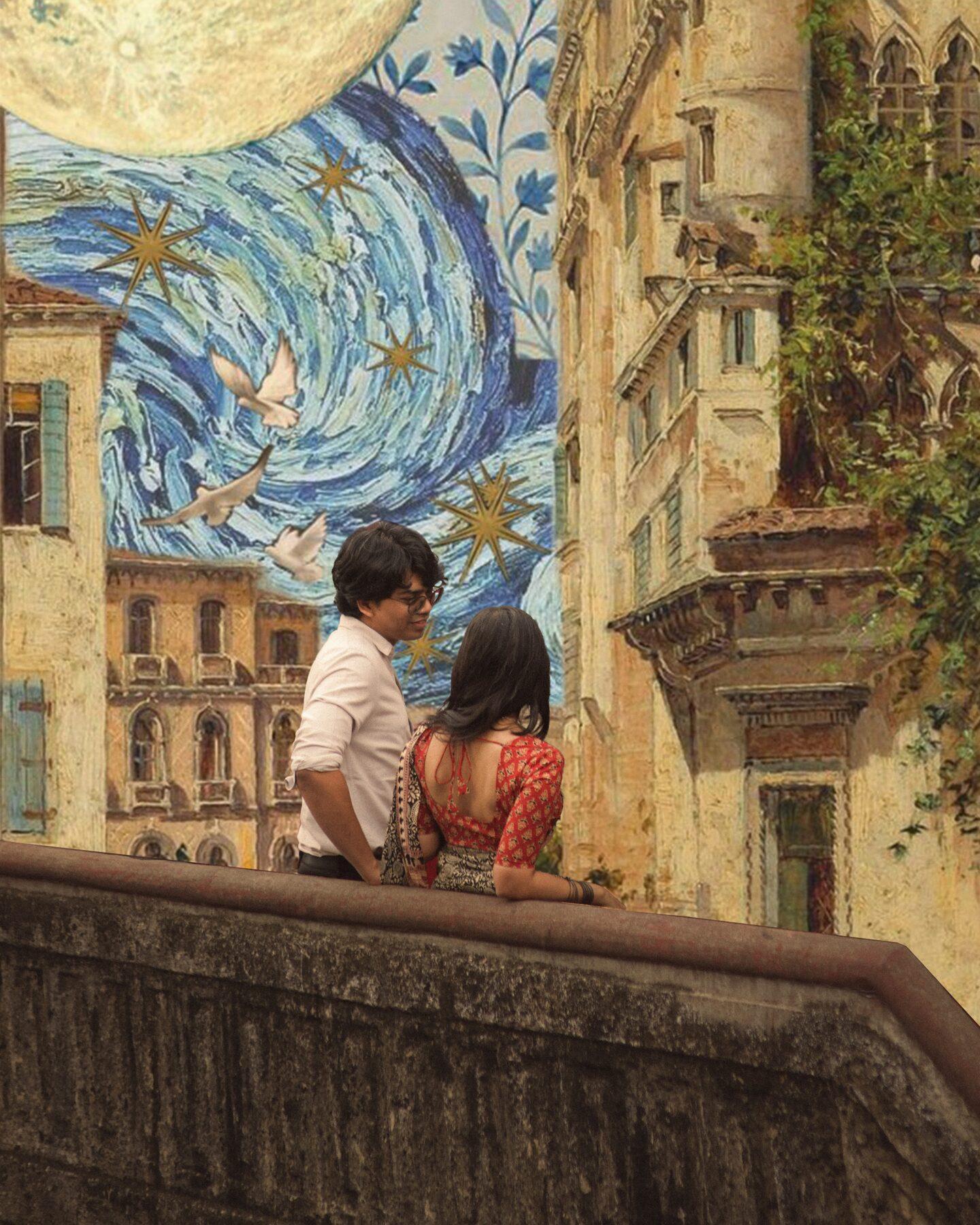 A couple beneath a painted sky of butterflies